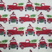 Cherry Pit Crafts vintage red trucks with Christmas trees and wreaths on a light grey background with white dots.