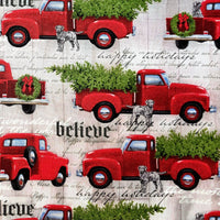 Cherry Pit Crafts vintage red trucks with Christmas trees and dogs on a script background.