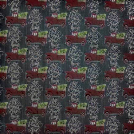 Cherry Pit Crafts vintage red truck with green tree pattern on a chalkboard background. "All Roads Lead Home" text.