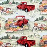 Cherry Pit Crafts vintage red trucks, bicycles, and produce stands with peaches and honey on a pastoral background.