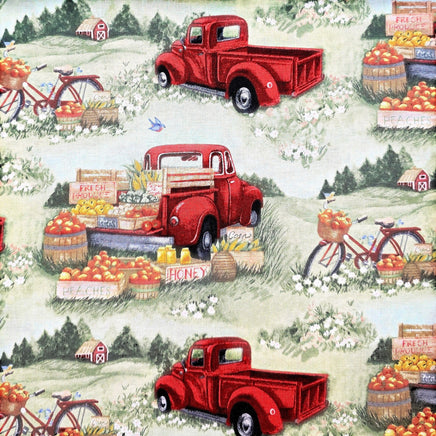 Cherry Pit Crafts vintage red trucks, bicycles, and produce stands with peaches and honey on a pastoral background.