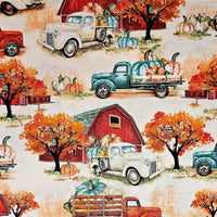 Cherry Pit Crafts vintage trucks carrying pumpkins and fall foliage. 100% cotton fabric.