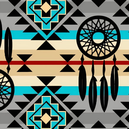 Cherry Pit Crafts Western bandana pattern heating pad with dreamcatchers and feathers. Features geometric shapes in black, tan, red, and turquoise.