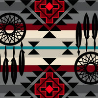 Cherry Pit Crafts Western bandana print heating pad with dreamcatcher and feather motifs. Red, black, grey, cream, and teal.