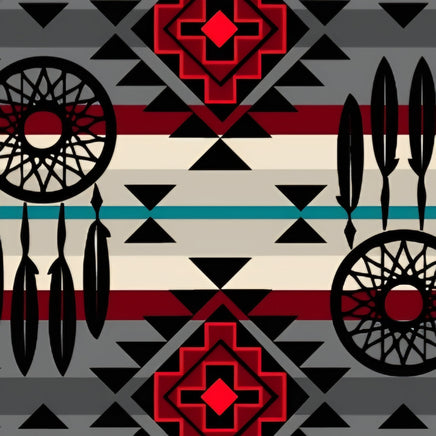 Cherry Pit Crafts Western bandana print heating pad with dreamcatcher and feather motifs. Red, black, grey, cream, and teal.