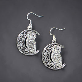 Owl in Filigree Moon Earrings Stud - Clip On - Ear Wire