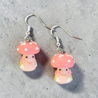 Pink Smiling Mushroom Earrings