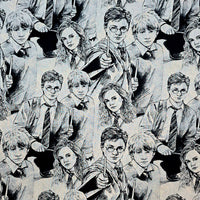 Collage of black and white illustrations of characters from Harry Potter.