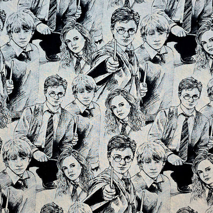 Collage of black and white illustrations of characters from Harry Potter.