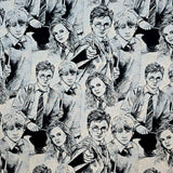 Collage of black and white illustrations of characters from Harry Potter.