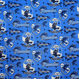 Pattern of Ravenclaw logos and text on a blue background