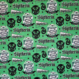 Pattern of Slytherin logos and text on a green background